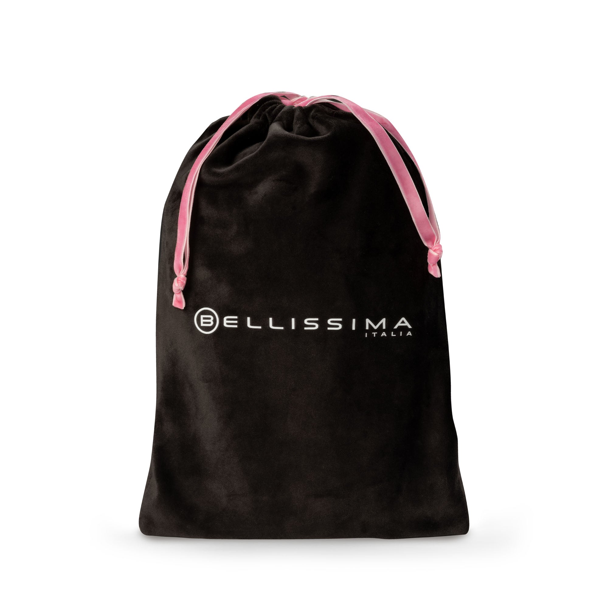 Black velvet travel bag with pink strings and 'BELLISSIMA ITALIA' logo on a white background