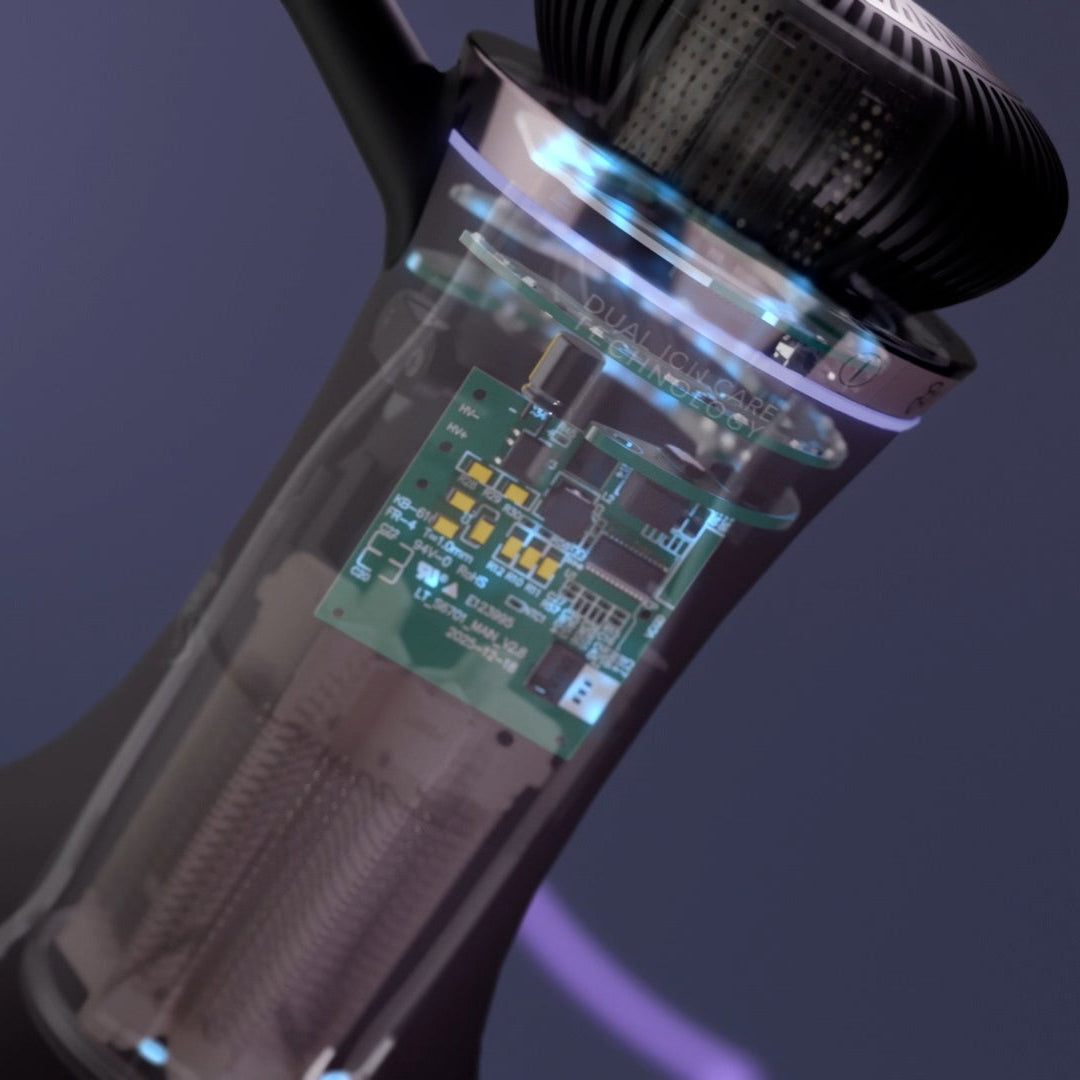 Close-up of Diffon Pro Curl with a transparent cylindrical body showing internal electronic digital temperature components.